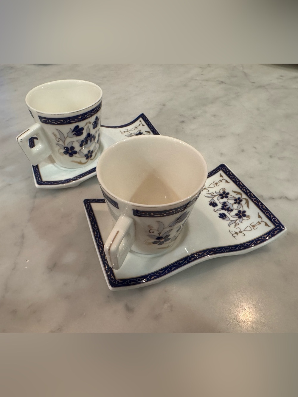 Lavin Espresso/Turkish Coffee Cup & Saucer Set with Blue Floral Motif, Set of 2